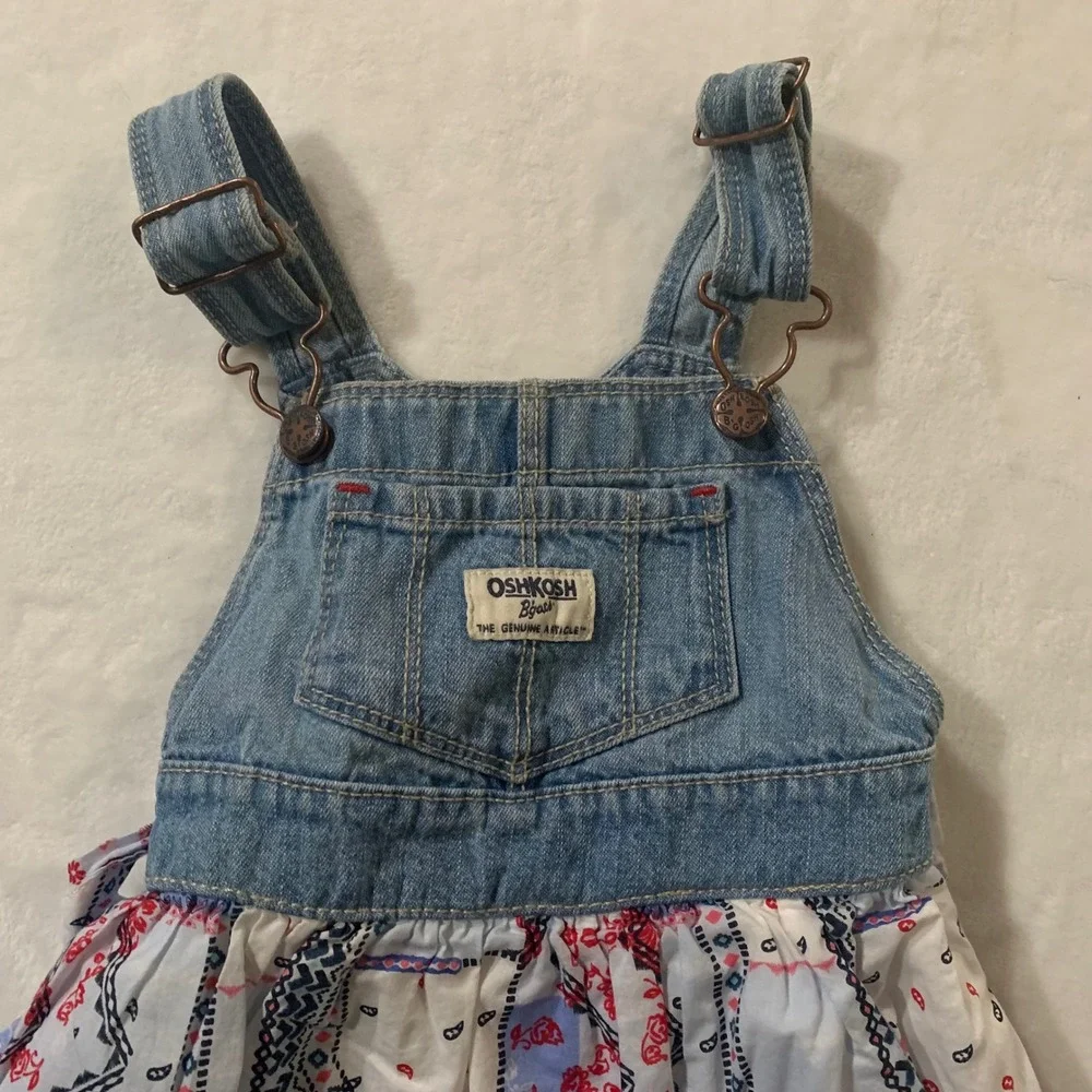 OshKosh B'gosh 18 months Baby Girls Denim Overall Dress Patchwork Blue Red White